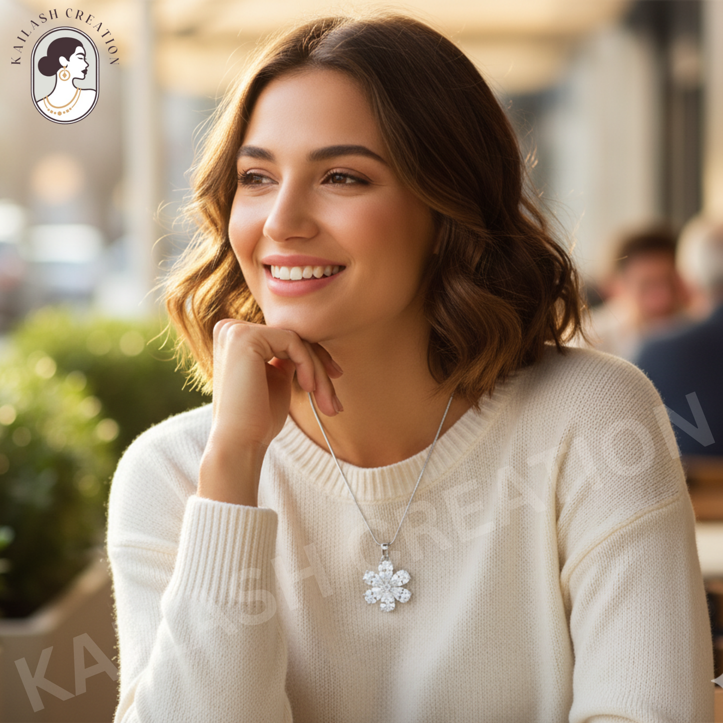 Six Petal Flower CZ Diamond 18 inches Silver Plated Chain Pendant for women and Girls