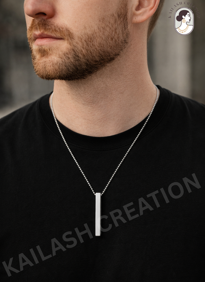 Anti Tarnish 3D Silver Cuboid Vertical Bar Pendant for Men and Boys