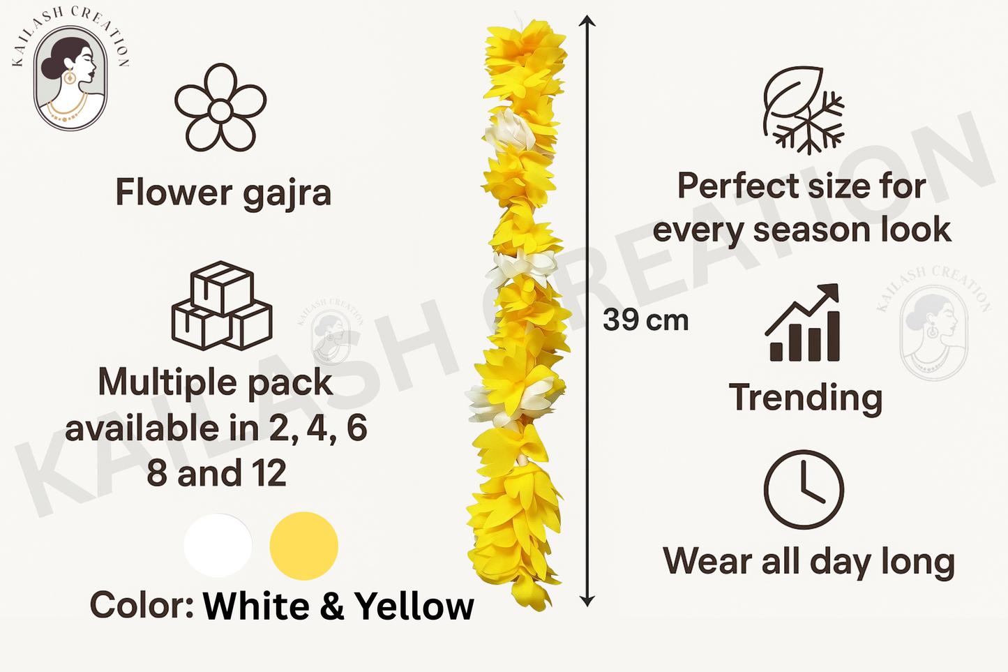 Reusable Artificial Mogra Flower Hair Garland for Women - Off White and Yellow - 15 Inches