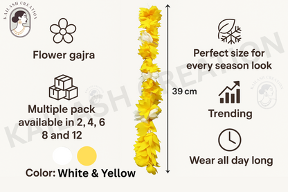 Reusable Artificial Mogra Flower Hair Garland for Women - Off White and Yellow - 15 Inches