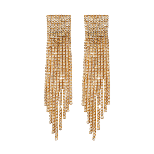 Rhinestone Golden Sparkly Long Crystal Tassel Drop Dangle Earrings for Women