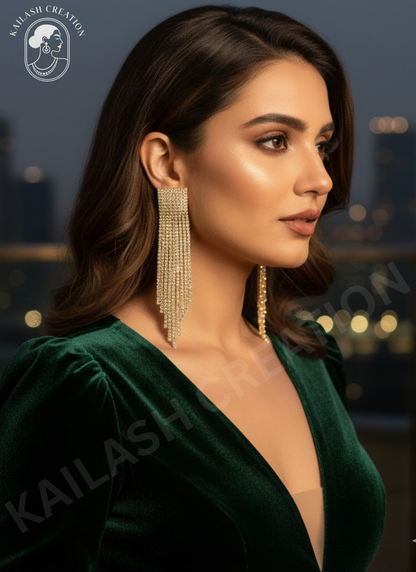 Rhinestone Golden Sparkly Long Crystal Tassel Drop Dangle Earrings for Women