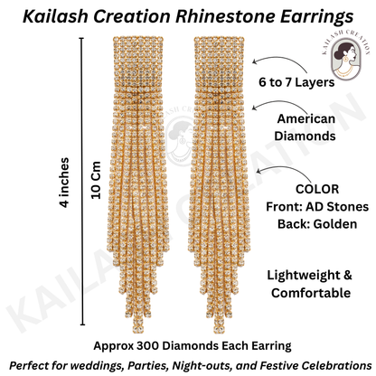 Rhinestone Golden Sparkly Long Crystal Tassel Drop Dangle Earrings for Women