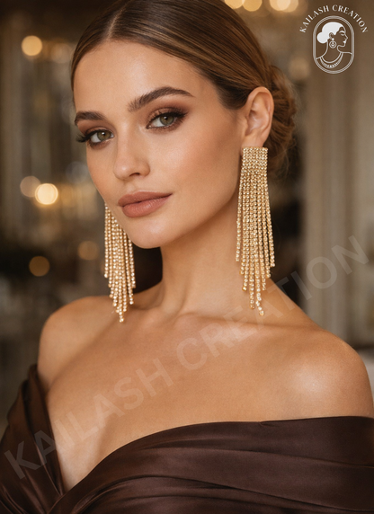 Rhinestone Golden Sparkly Long Crystal Tassel Drop Dangle Earrings for Women