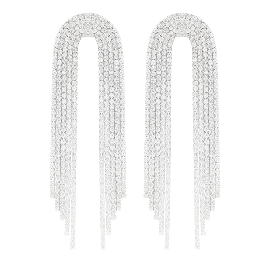 Silver Rhinestone Tassel Drop Earrings