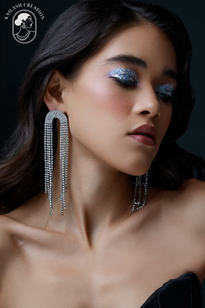 Silver Rhinestone Tassel Drop Earrings
