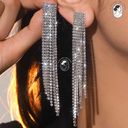 Silver Rhinestone Tassel Dangle Drop Earrings