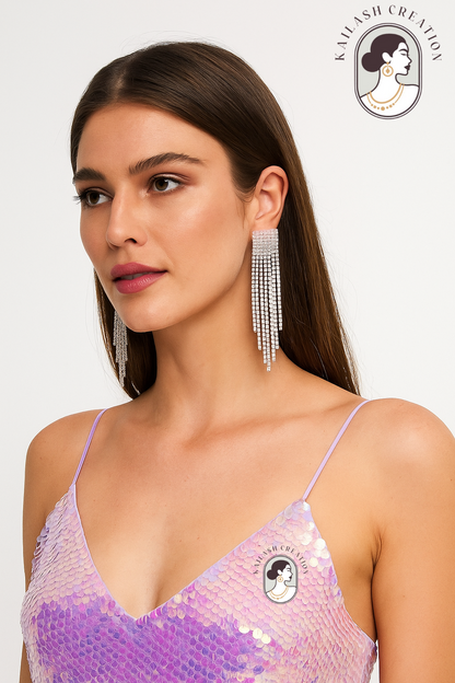 Silver Rhinestone Tassel Dangle Drop Earrings
