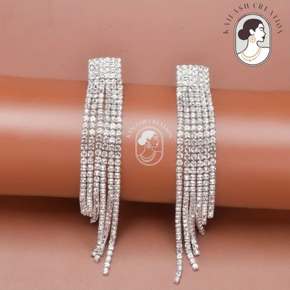 Silver Rhinestone Tassel Dangle Drop Earrings