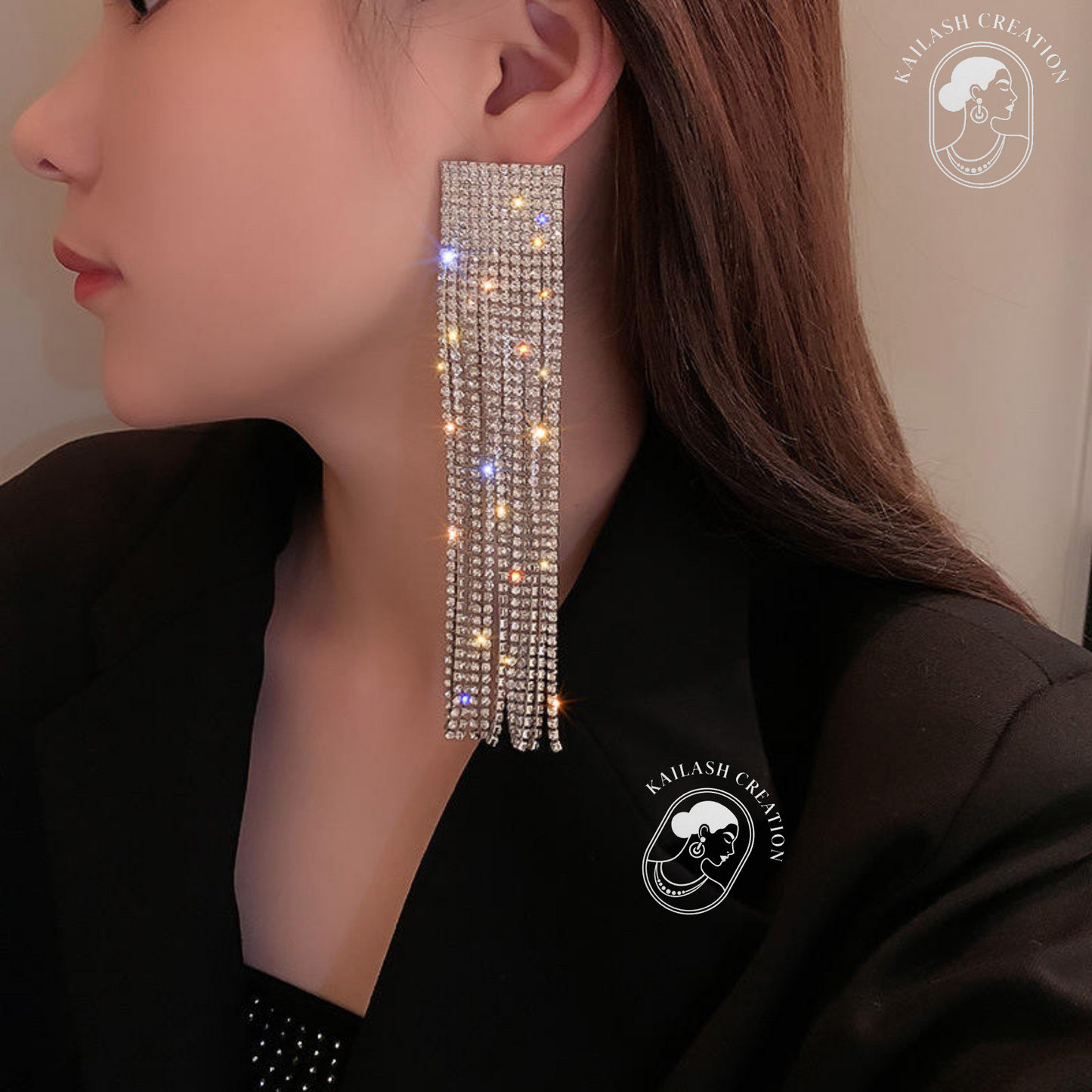 Silver Sparkle Rhinestone Tassel Dangle Drop Earrings