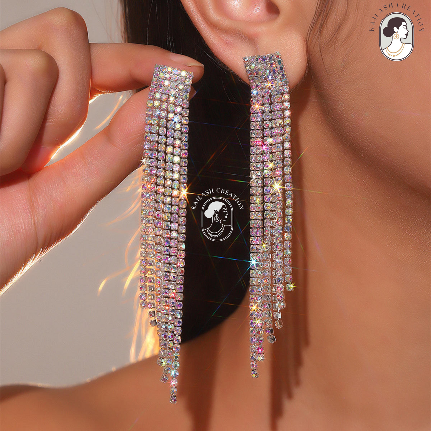 Silver Sparkle Rhinestone Tassel Dangle Drop Earrings