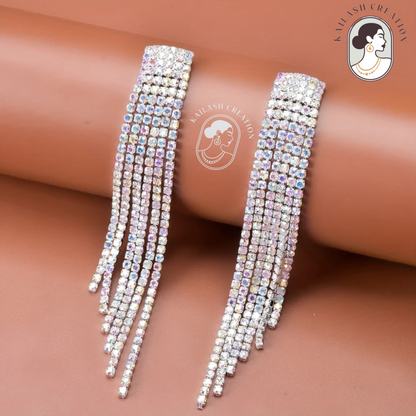 Silver Sparkle Rhinestone Tassel Dangle Drop Earrings