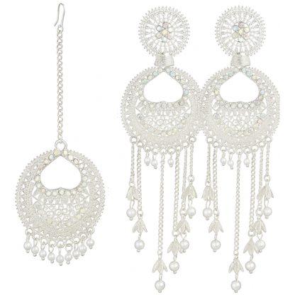 Silver-Plated Bridal Jhumka Earrings with Maang Tikka Set for Women & Girls