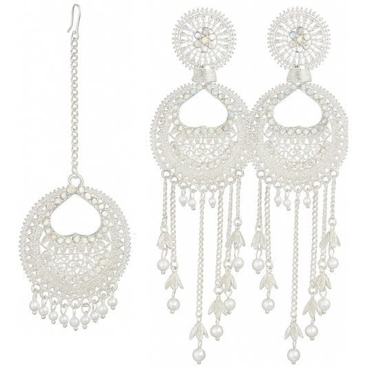 Silver-Plated Bridal Jhumka Earrings with Maang Tikka Set for Women & Girls