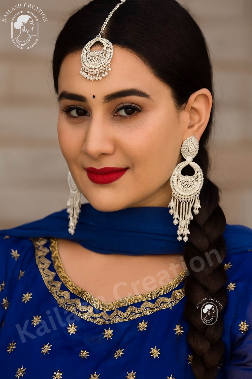 Silver-Plated Bridal Jhumka Earrings with Maang Tikka Set for Women & Girls