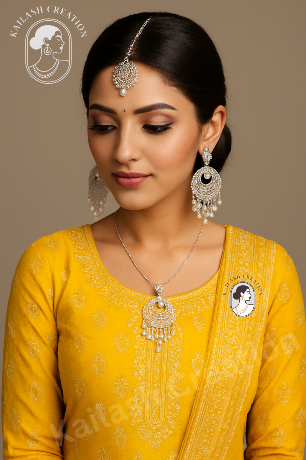 Silver-Plated Bridal Jhumka Earrings with Maang Tikka Set for Women & Girls