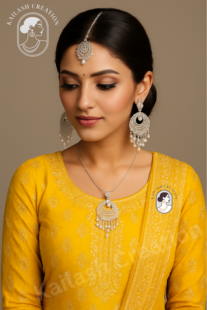 Silver-Plated Bridal Jhumka Earrings with Maang Tikka Set for Women & Girls