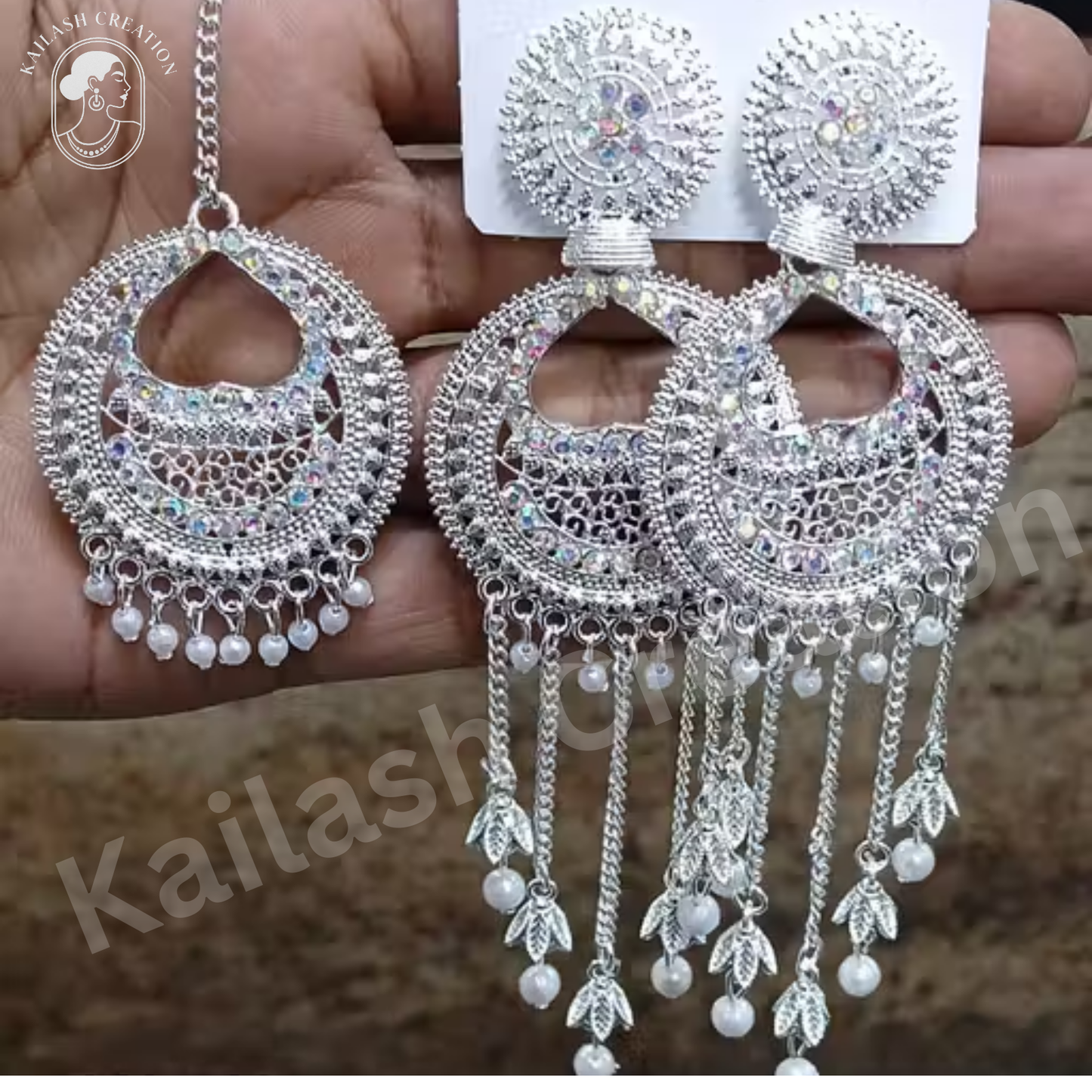 Silver-Plated Bridal Jhumka Earrings with Maang Tikka Set for Women & Girls