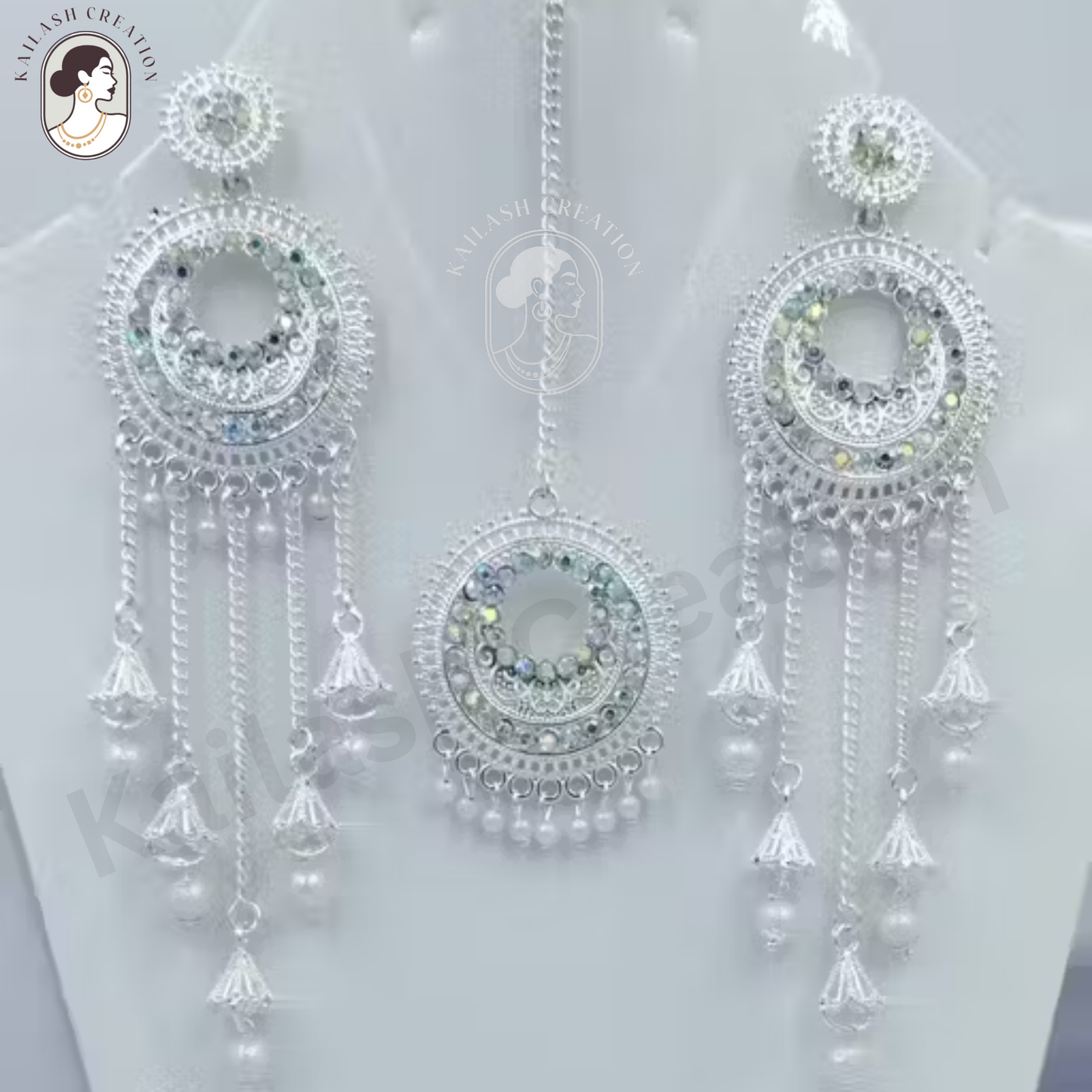 Silver-Plated Bridal Jhumka Earrings with Maang Tikka Set for Women & Girls