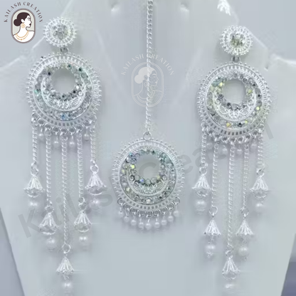 Silver-Plated Bridal Jhumka Earrings with Maang Tikka Set for Women & Girls