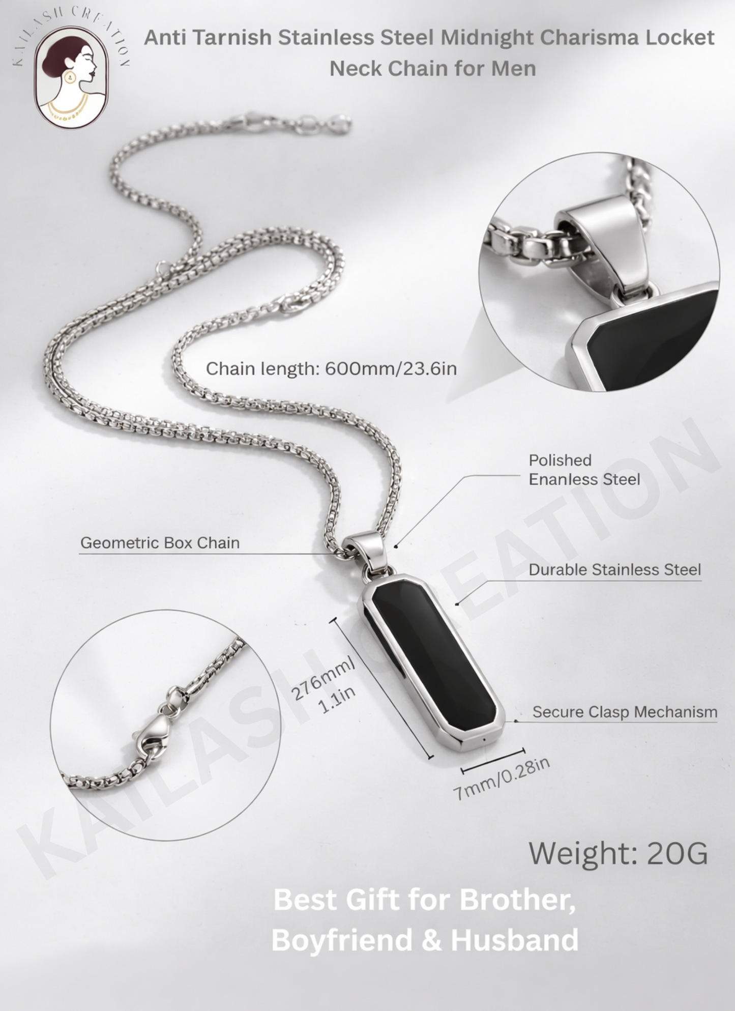 Anti Tarnish Stainless Steel Black Rectangular Pendant Chain for Men and Boys
