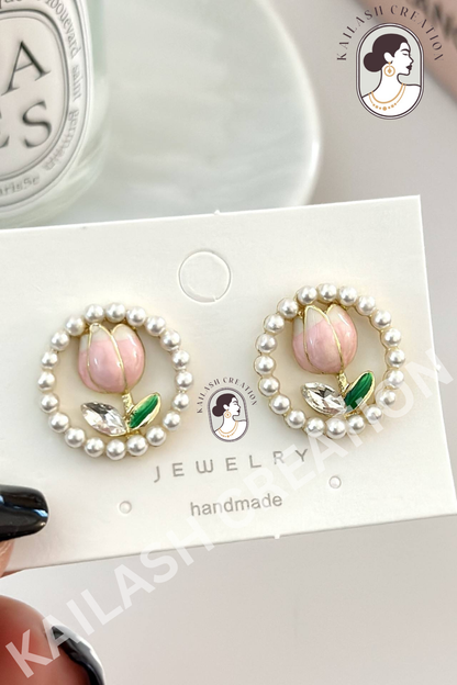 Pink Tulip Flower Stud Earrings for Women and Girls