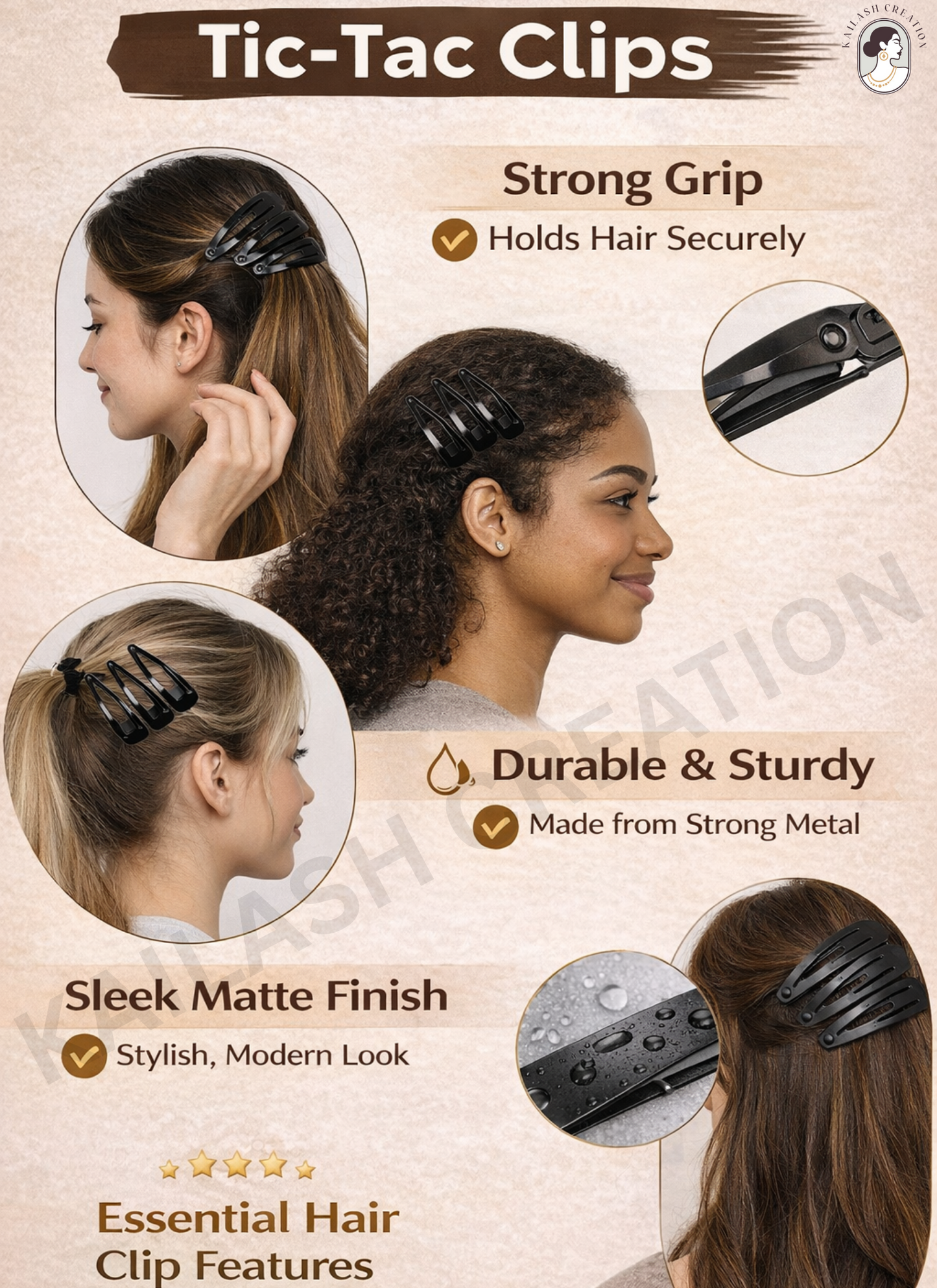 Pack of 36 - Tic Tac Hair Clips Matte Black for Women & Girls
