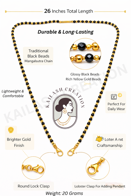 Gold Plated Black Beads Mangalsutra Chain with Lobster for Women