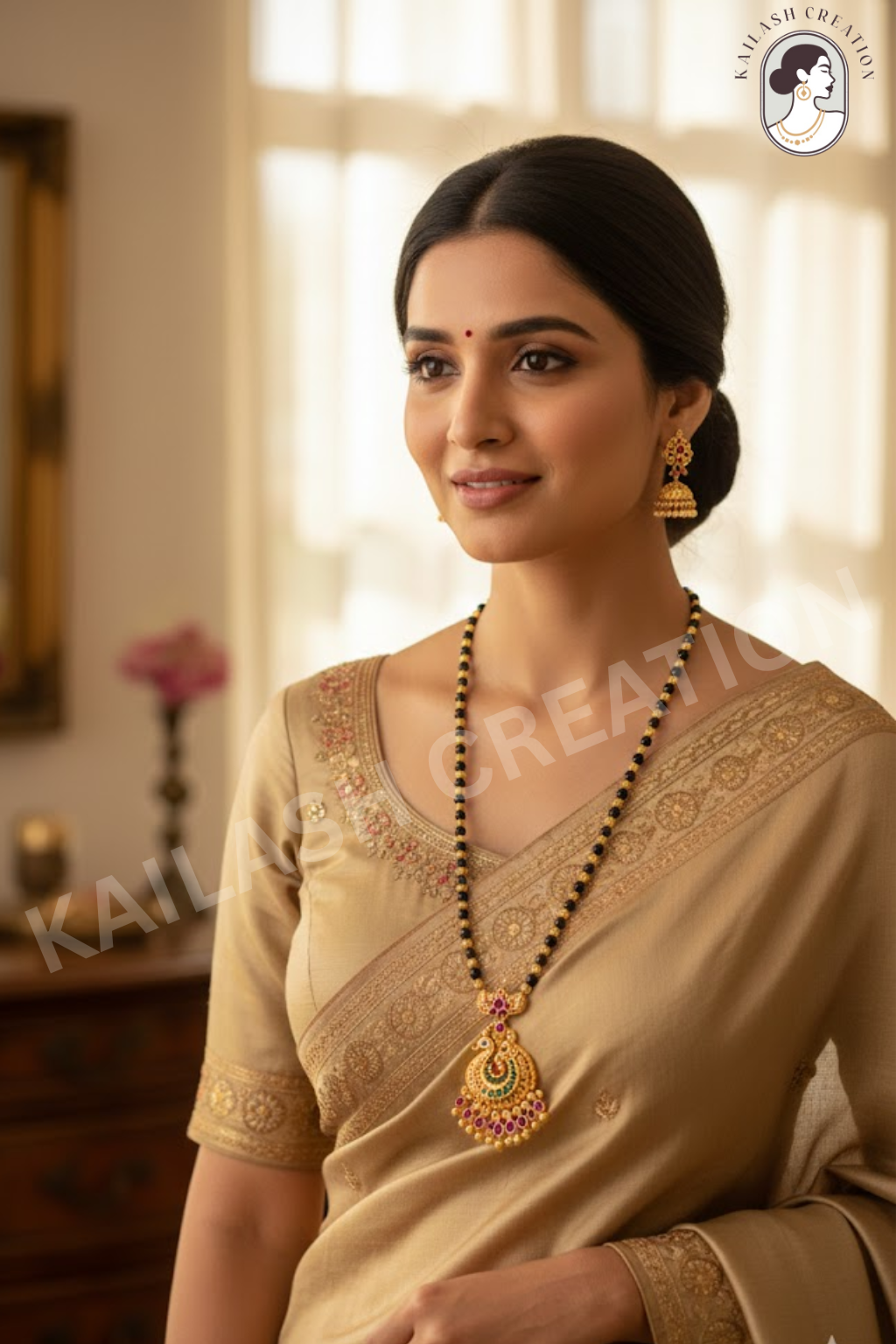Gold Plated Black Beads Mangalsutra Chain with Lobster for Women