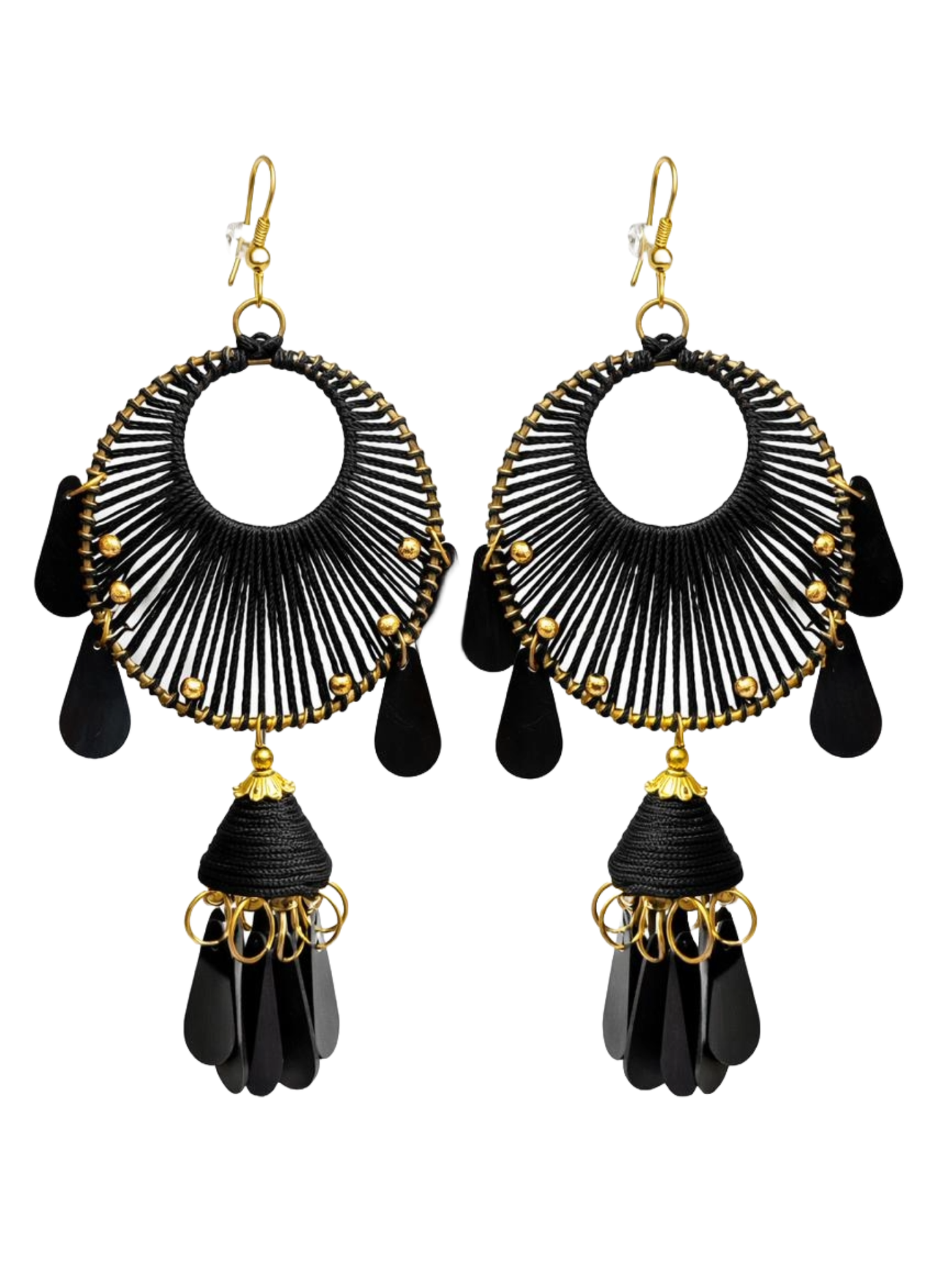 Black Feather & Thread Work Ethnic Jhumki Dangler Earrings for Women & Girls
