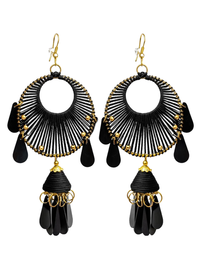Black Feather & Thread Work Ethnic Jhumki Dangler Earrings for Women & Girls