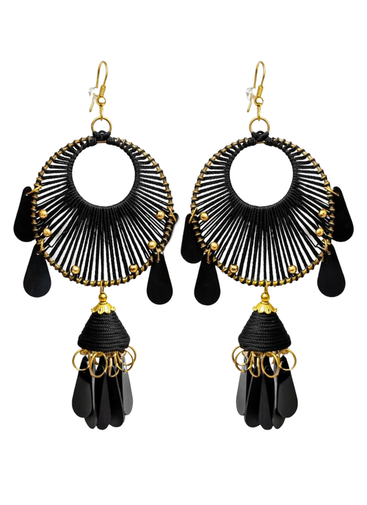 Black Feather & Thread Work Ethnic Jhumki Dangler Earrings for Women & Girls