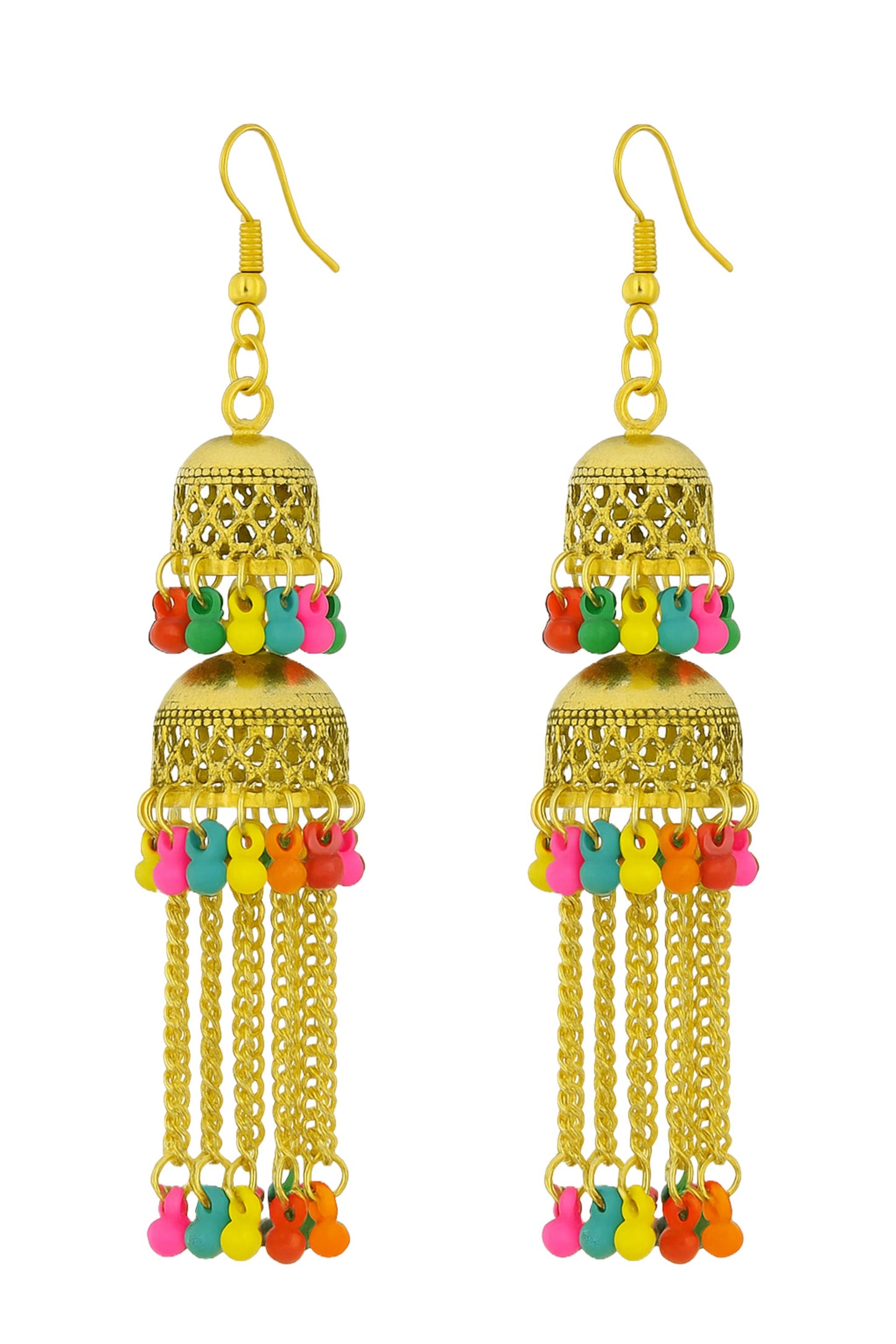 Gold Tone Multicolor Chain Tassel Jhumki Earrings for Women & Girls