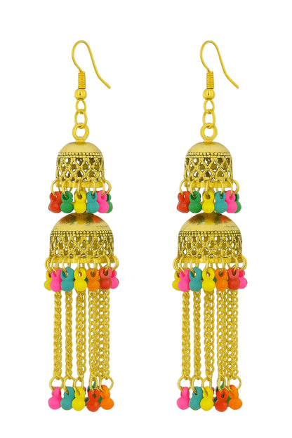Gold Tone Multicolor Chain Tassel Jhumki Earrings for Women & Girls