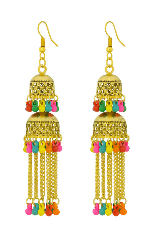 Gold Tone Multicolor Chain Tassel Jhumki Earrings for Women & Girls