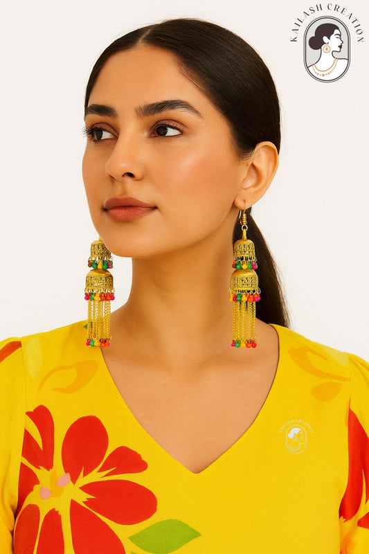 Gold Tone Multicolor Chain Tassel Jhumki Earrings for Women & Girls