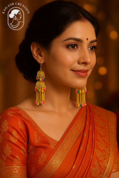 Gold Tone Multicolor Chain Tassel Jhumki Earrings for Women & Girls