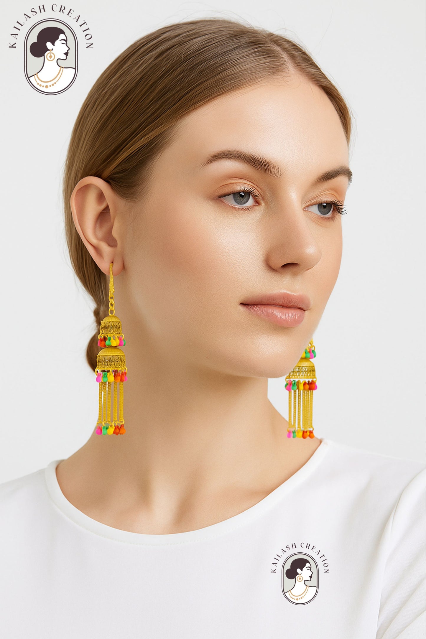 Gold Tone Multicolor Chain Tassel Jhumki Earrings for Women & Girls