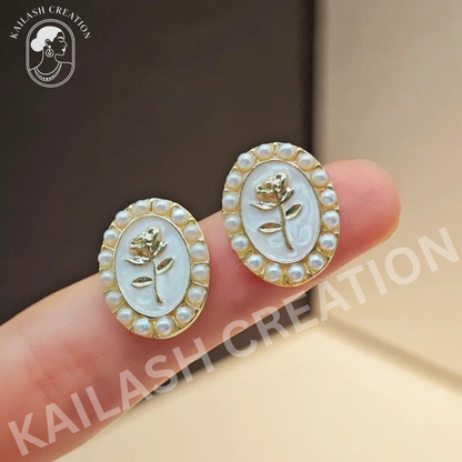 Golden Rose Oval Stud Earrings for Women and Girls Stylish