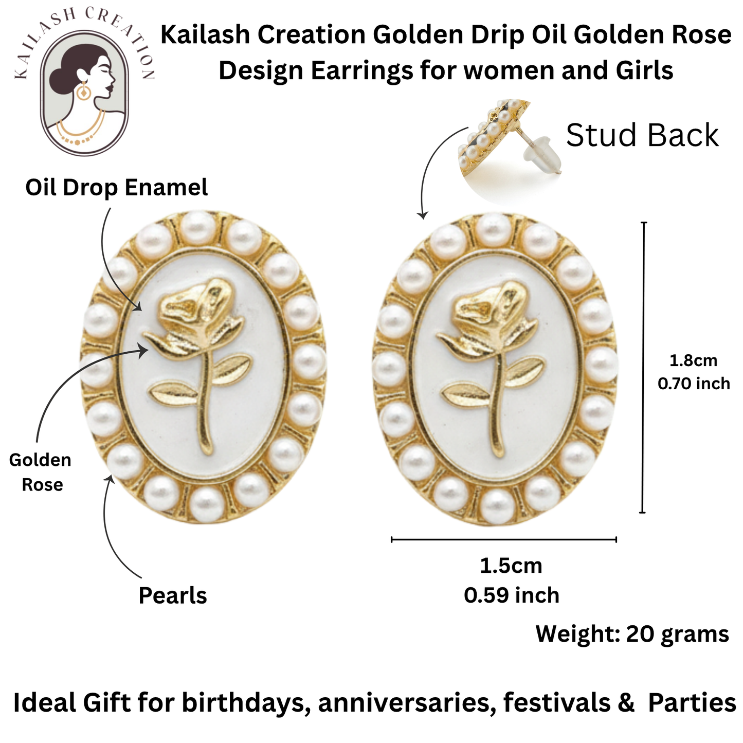 Golden Rose Oval Stud Earrings for Women and Girls Stylish