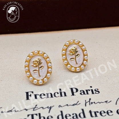 Golden Rose Oval Stud Earrings for Women and Girls Stylish