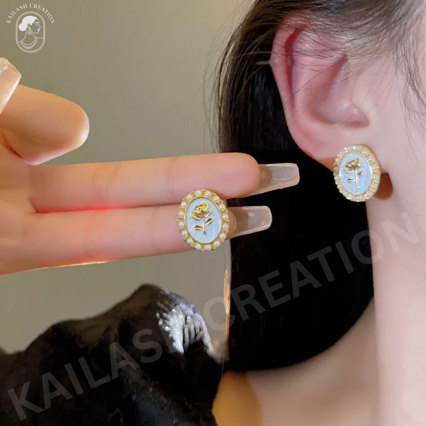 Golden Rose Oval Stud Earrings for Women and Girls Stylish