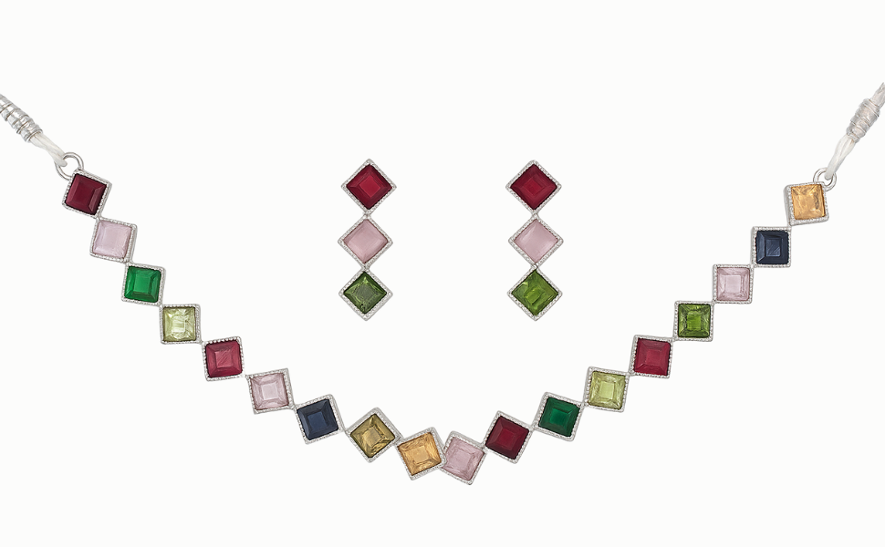 Multicolor Square Stone Necklace & Earring Set for women and Girls