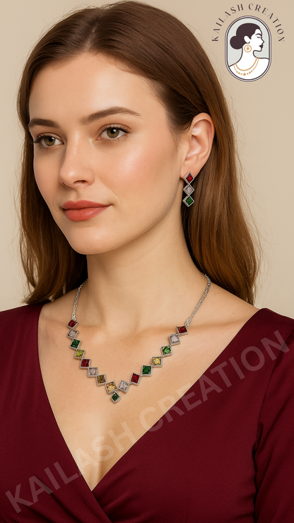 Multicolor Square Stone Necklace & Earring Set for women and Girls