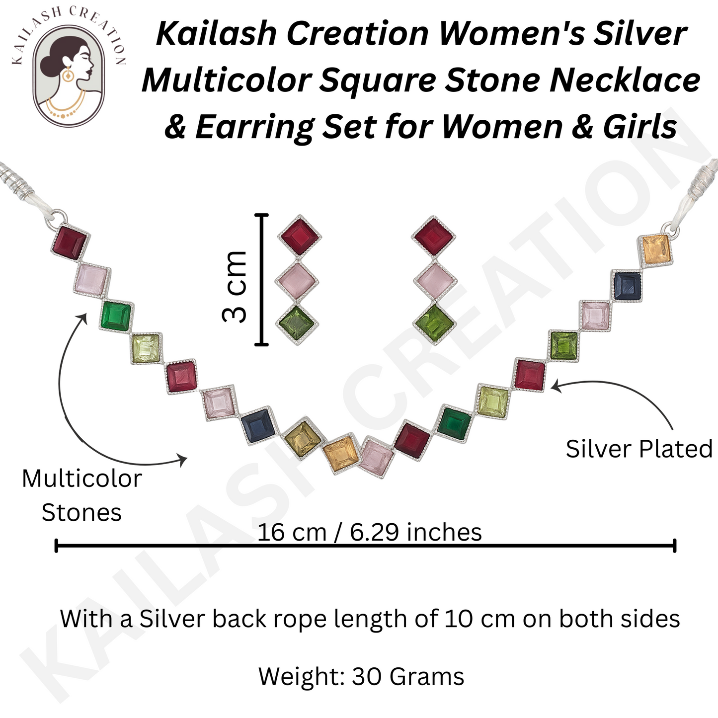 Multicolor Square Stone Necklace & Earring Set for women and Girls