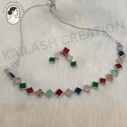 Multicolor Square Stone Necklace & Earring Set for women and Girls