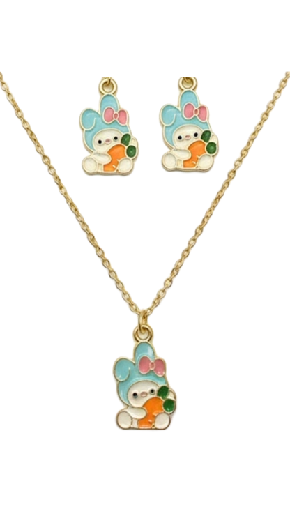 Bunny Carrot Love Necklace & Earrings Set for Girls – Cute Cartoon Jewelry for Kids