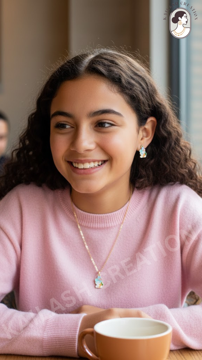 Bunny Carrot Love Necklace & Earrings Set for Girls – Cute Cartoon Jewelry for Kids