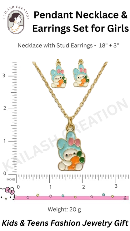 Bunny Carrot Love Necklace & Earrings Set for Girls – Cute Cartoon Jewelry for Kids