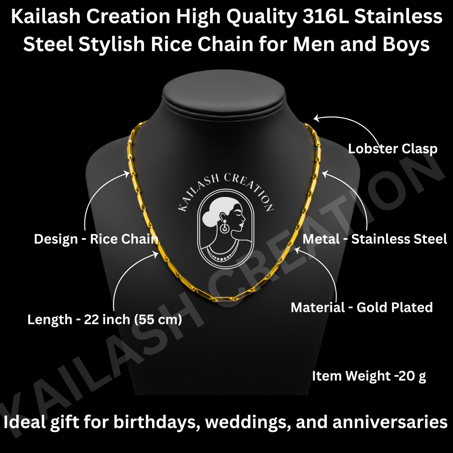 Anti Tarnish 316L Stainless Steel Rice Chain for Men and Boys